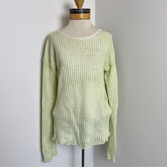 Eileen Fisher Green/White Double Layer Knit Linen Sweater Sz Small 528 - Picture 1 of 10